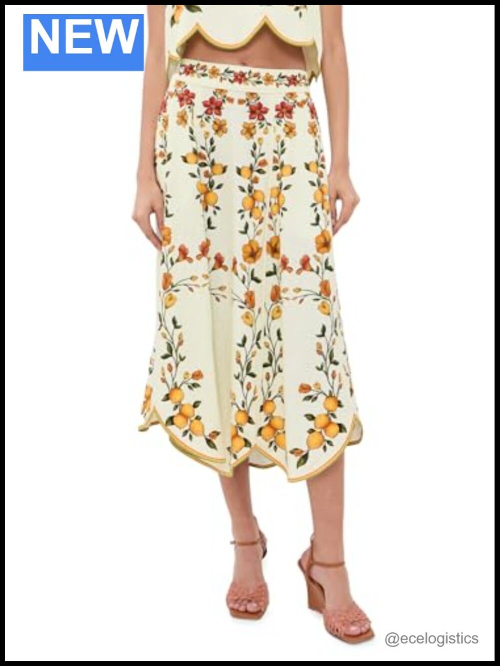 FARM Rio Scalloped Midi Skirt Women's Linen Floral High Rise